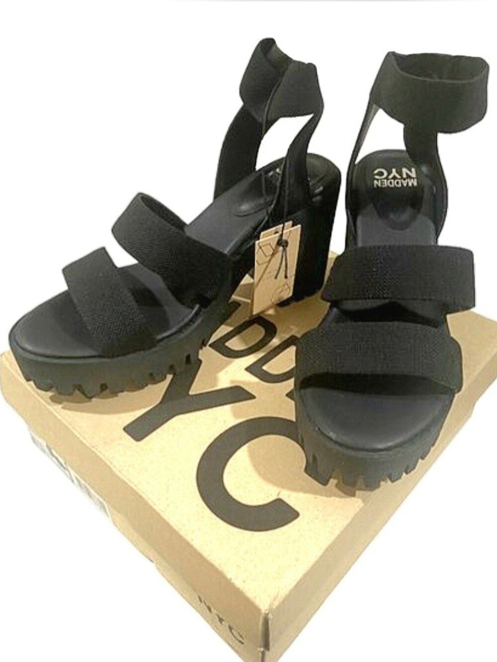 Madden NYC Y2K Inspired Blk 4" Lugged Heel Webbed Pl atform Sandals Sz 10 BNIB - Picture 3 of 17